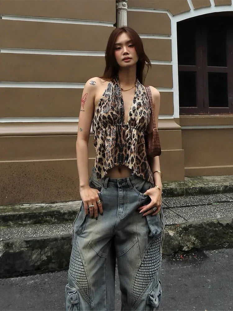 Y2K Leopard Sequin Rhinestone Low Cut Halter Top