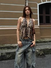 Y2K Leopard Sequin Rhinestone Low Cut Halter Top