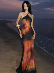 Y2K Mesh Flower Print Halter Sleeveless Maxi Dress
