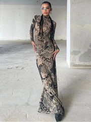 Y2K Mesh Print Turtleneck Bodycon Maxi Dress