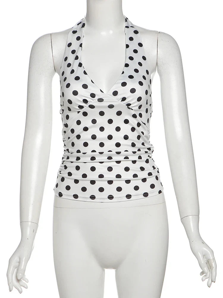 Y2K Polka Dot Low Cut Backless Halter Top
