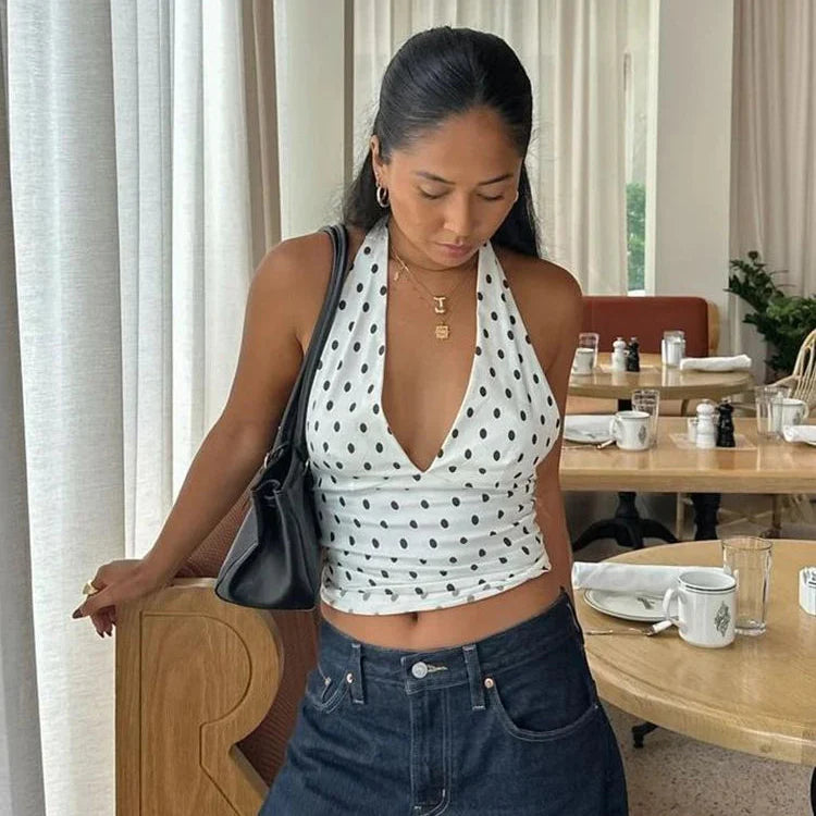 Y2K Polka Dot Low Cut Backless Halter Top