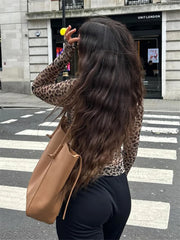 Y2K Sheer Mesh Leopard Print Graphic Long Sleeve Top