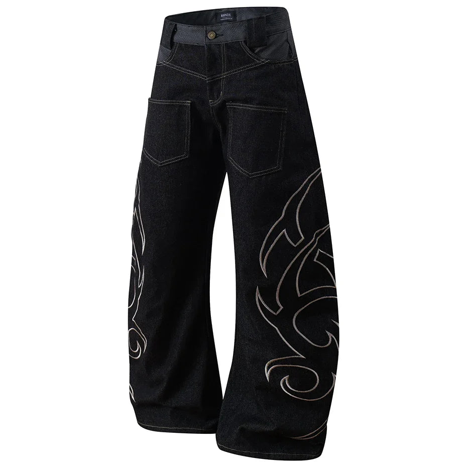 Y2K Tribal Embroidered Baggy Wide Leg Barrel Jeans