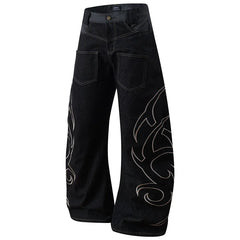Y2K Tribal Embroidered Baggy Wide Leg Barrel Jeans