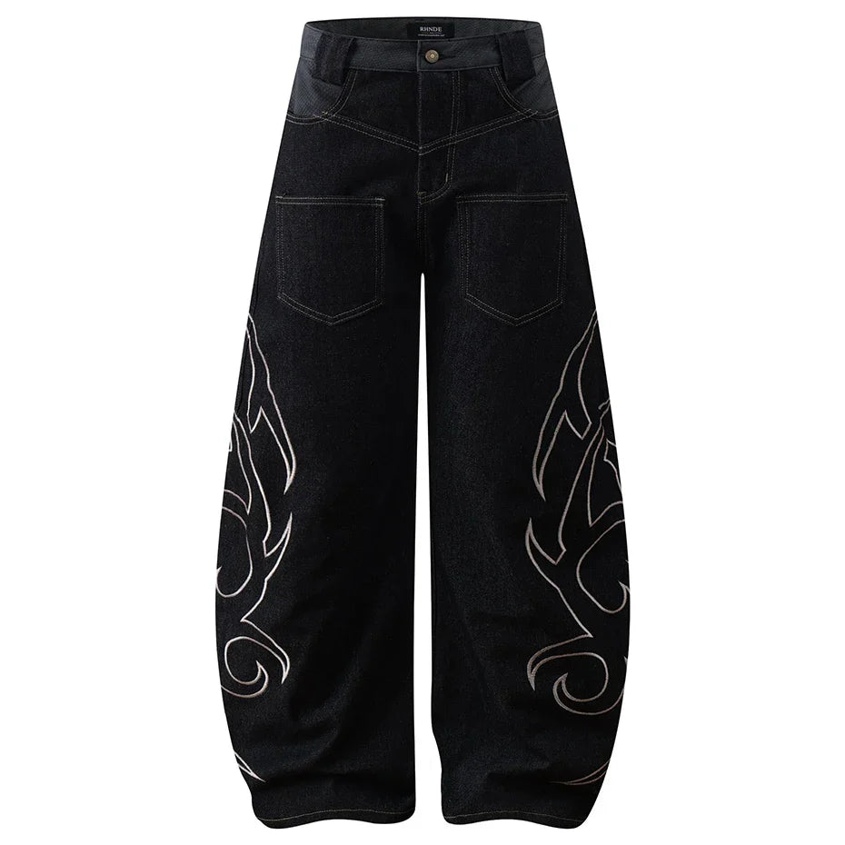 Y2K Tribal Embroidered Baggy Wide Leg Barrel Jeans