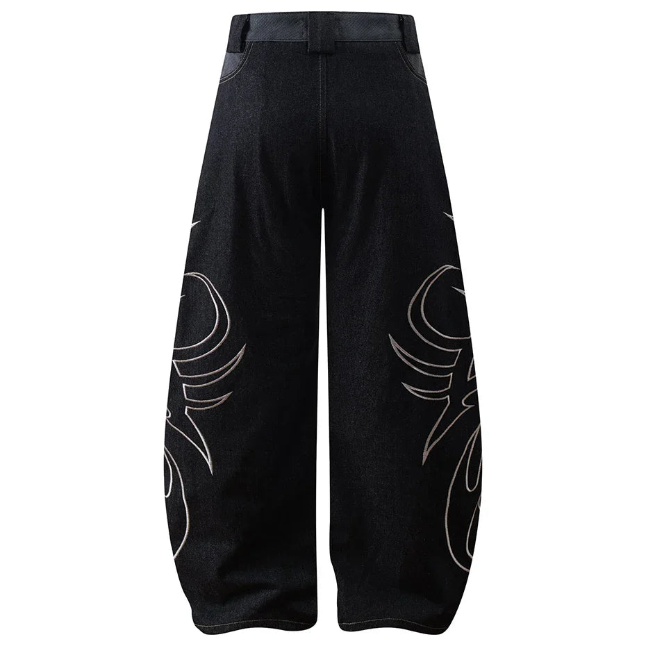 Y2K Tribal Embroidered Baggy Wide Leg Barrel Jeans