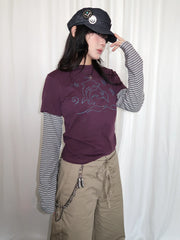 Y2K Vintage Striped Dolphin Graphic Long Sleeve Top
