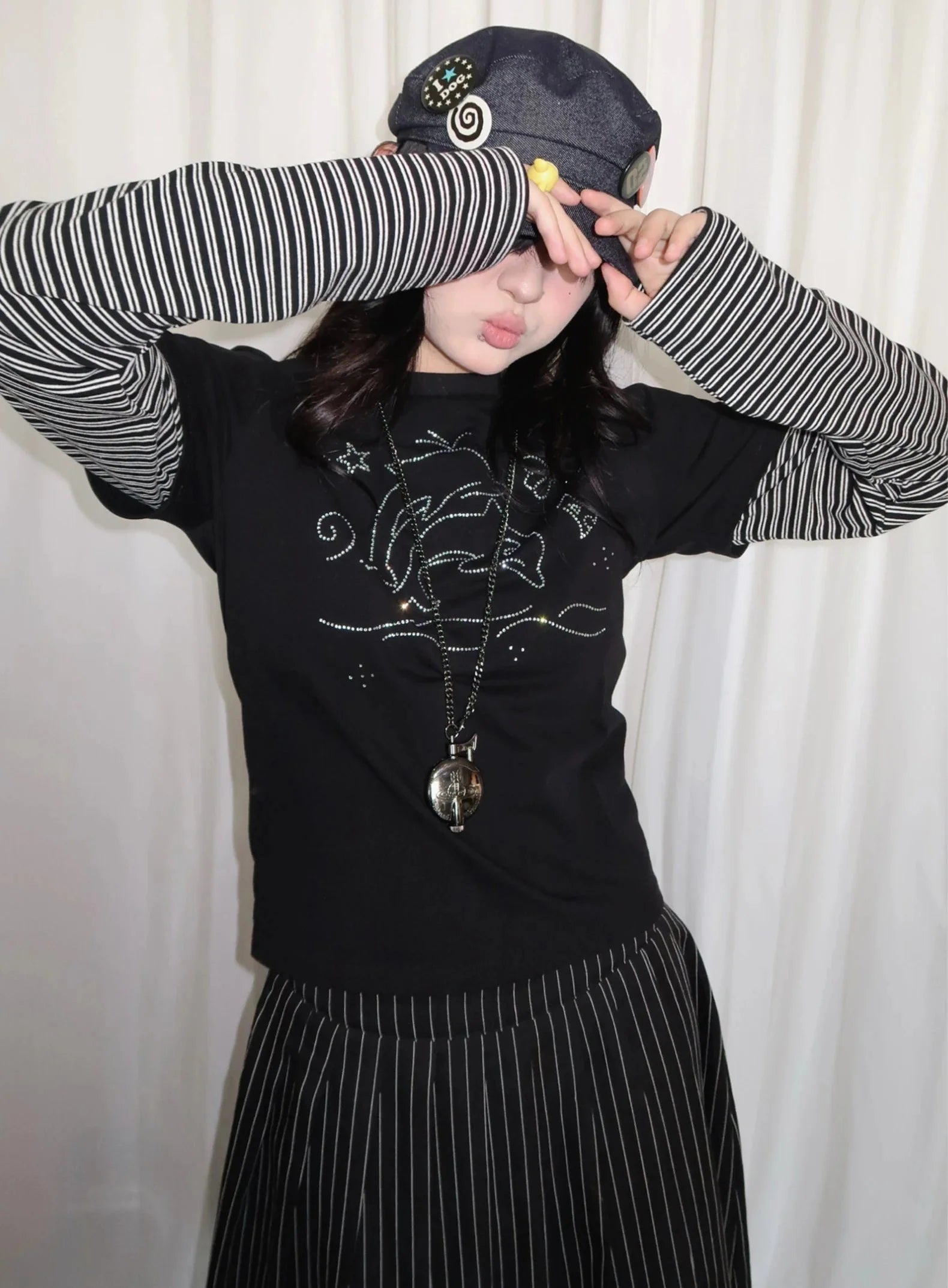 Y2K Vintage Striped Dolphin Graphic Long Sleeve Top