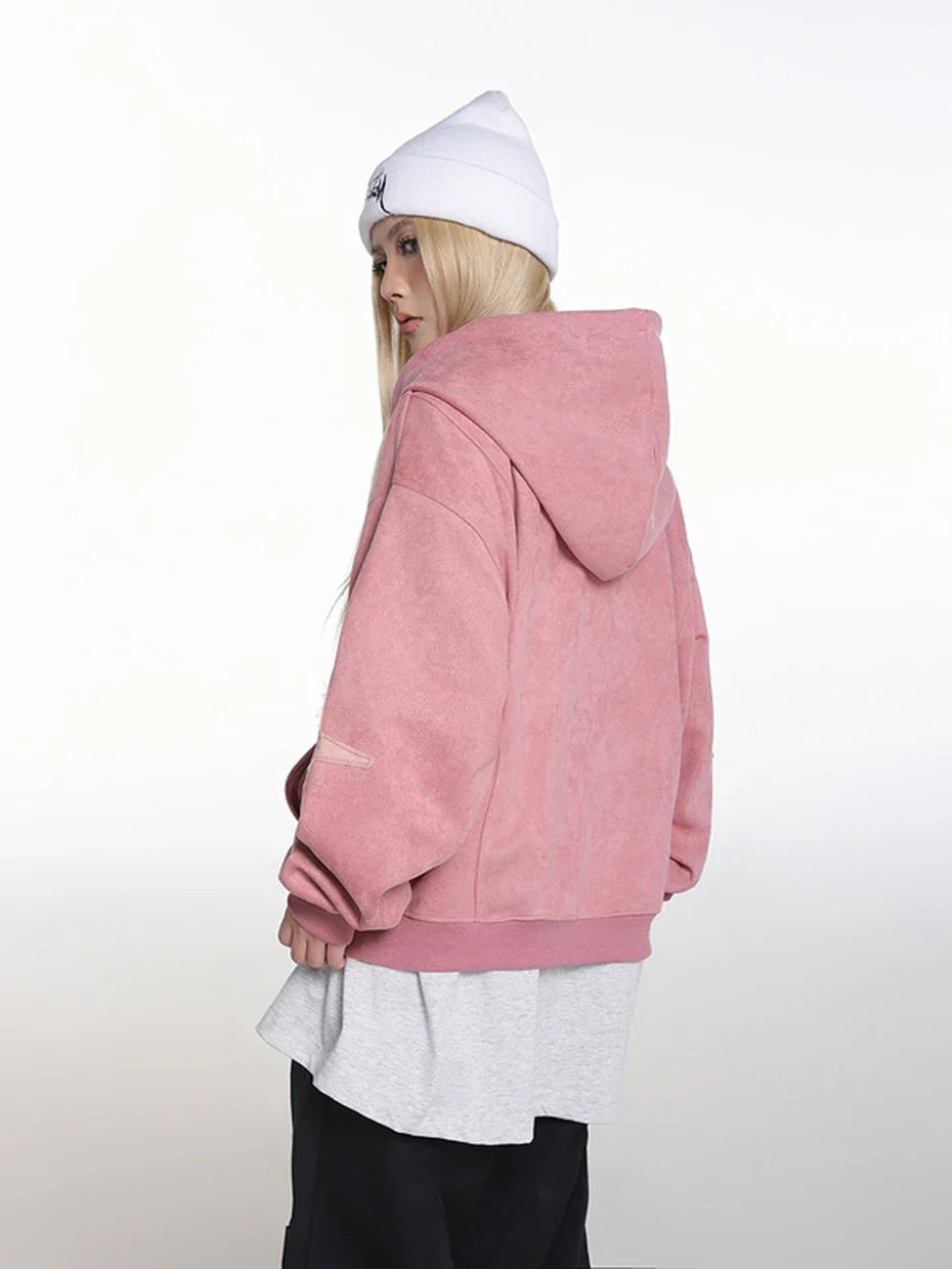 Y2K Vintage Suede Patchwork Zip Up Hoodie