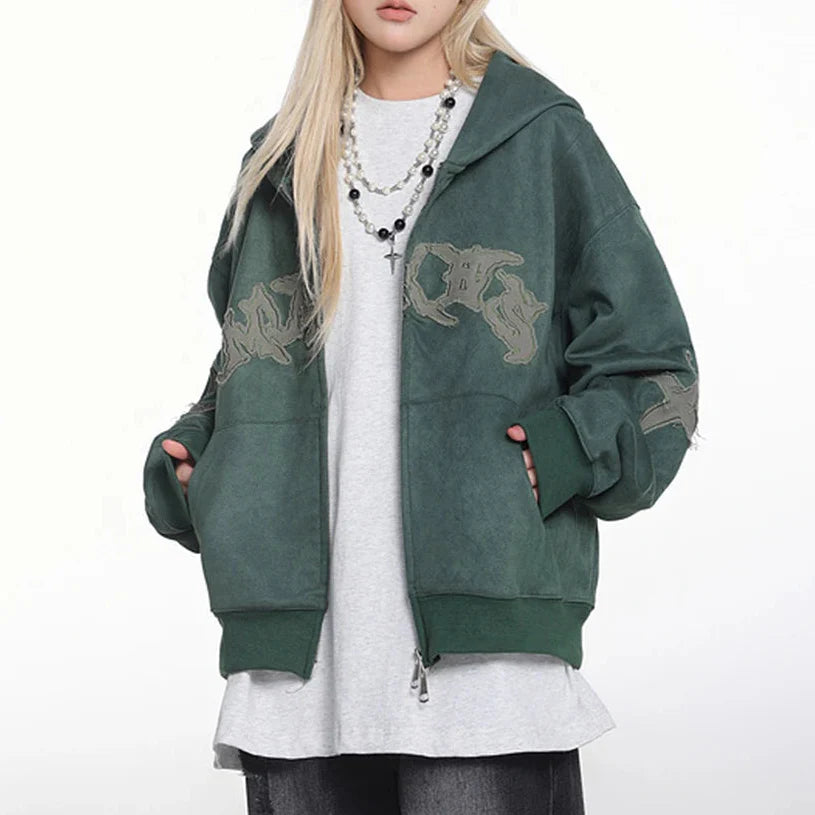 Y2K Vintage Suede Patchwork Zip Up Hoodie
