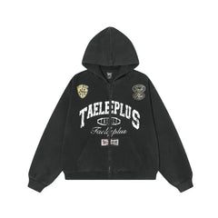 Y2k Washed Distressed Graphic Print Baggy Zip Up Hoodie