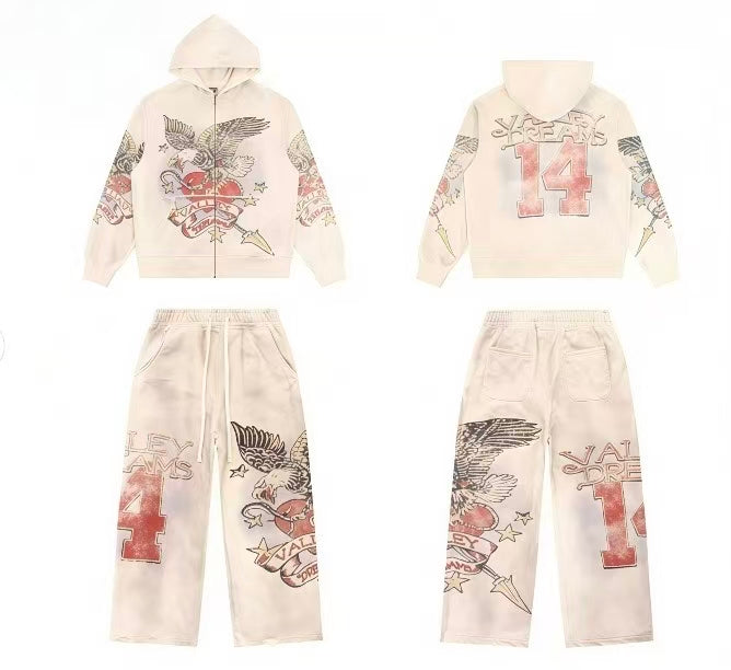 Vale Forever Vintage Eagle & Heart "14" Zip-Up Hoodie & Sweatpants Set - Off White
