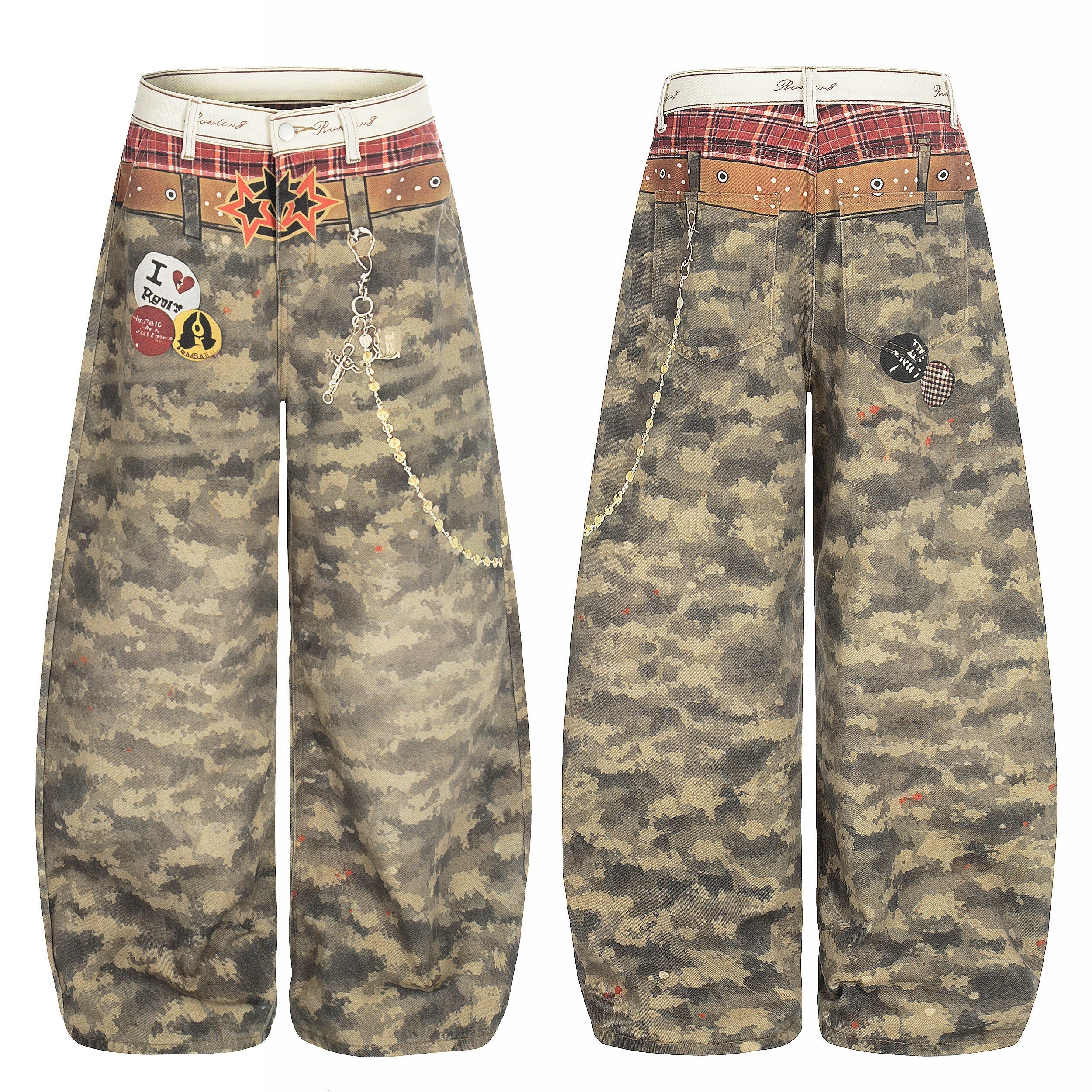 CapCabin Camo Patchwork Wide-Leg Denim Pants