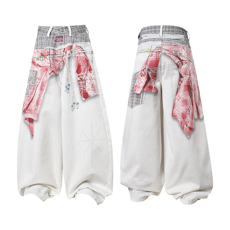CapCabin Patchwork Double-Waist Denim Pants