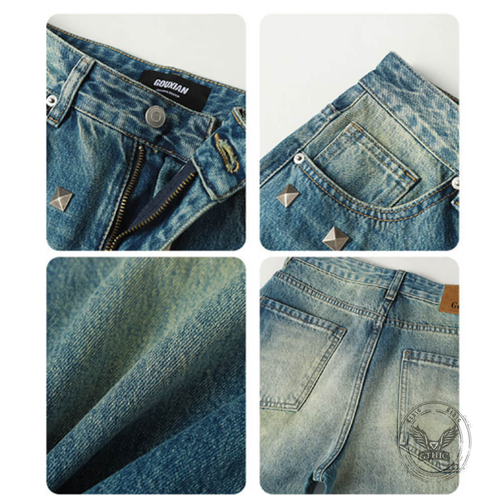 American-Style Square Rivets Distressed Washed Flared Jeans
