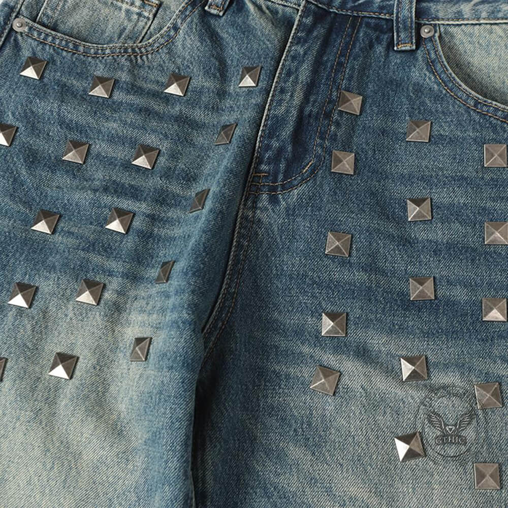American-Style Square Rivets Distressed Washed Flared Jeans