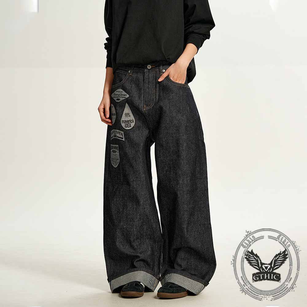 American Hip-Hop Letter Embroidered Wide-Leg Jeans