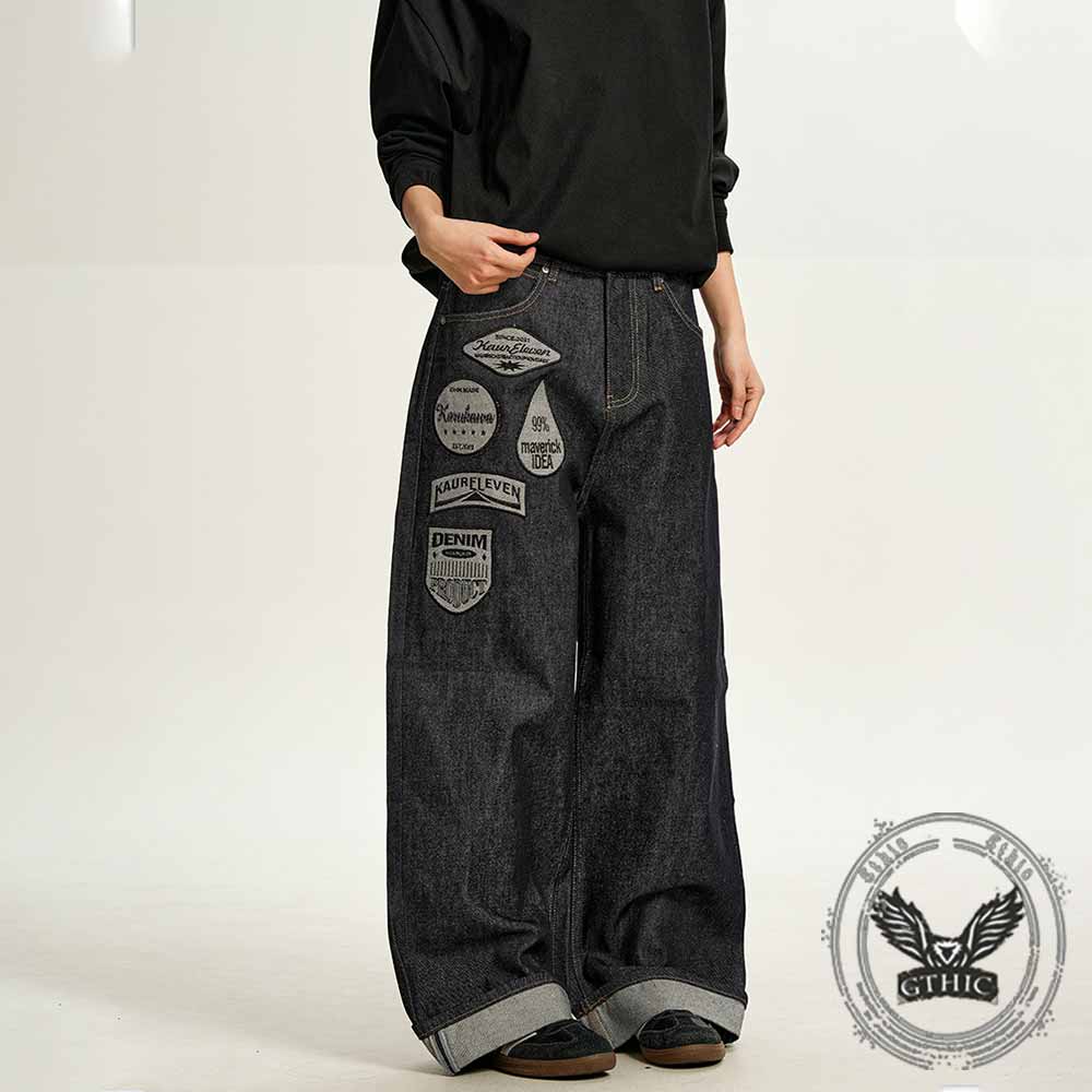 American Hip-Hop Letter Embroidered Wide-Leg Jeans