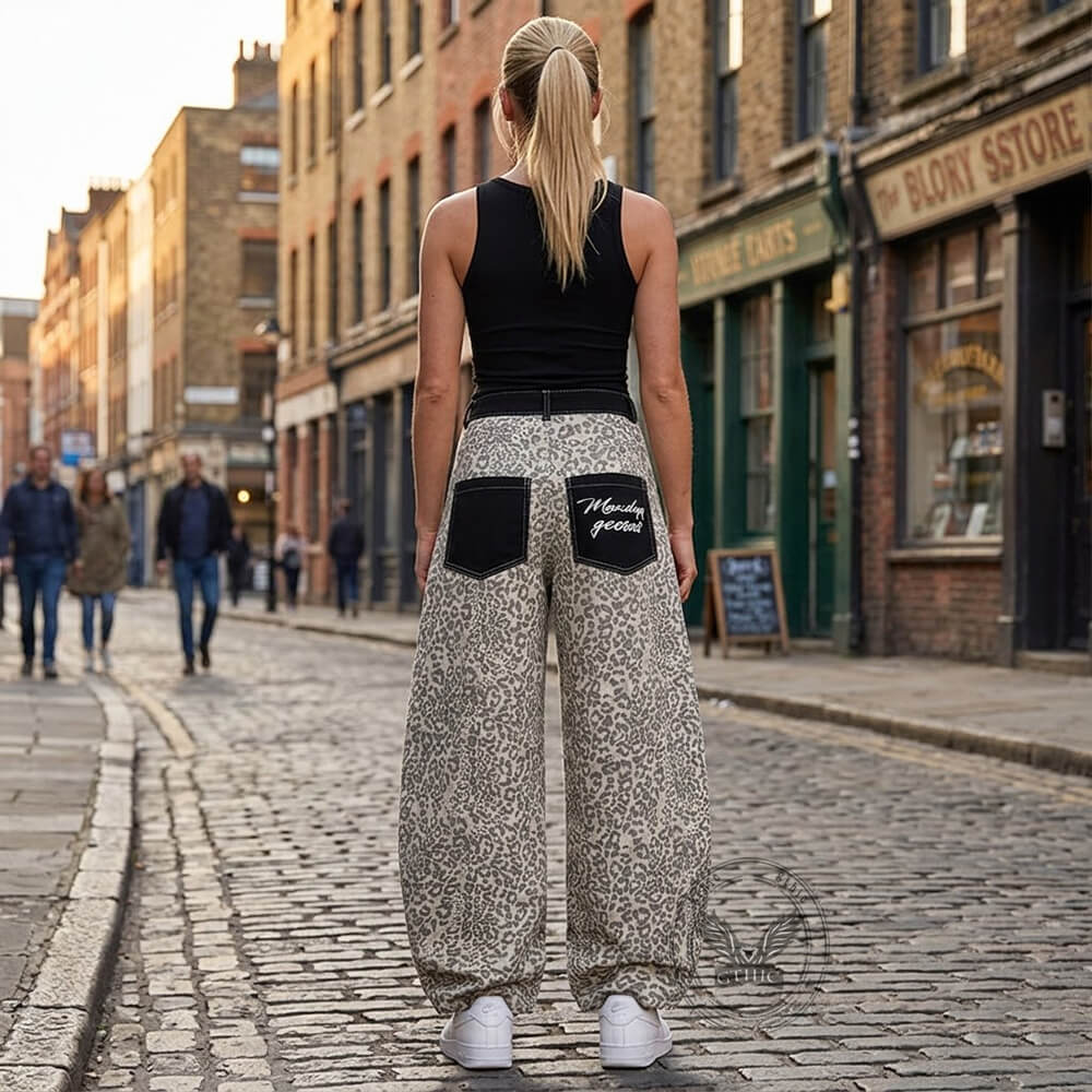 American Retro Leopard-Print Casual Scimitar Jeans