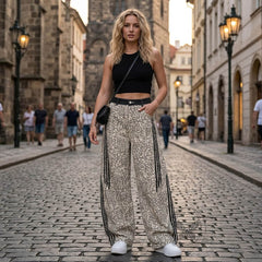 American Retro Leopard-Print Casual Scimitar Jeans