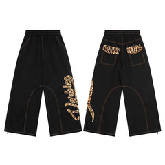 American Retro Leopard Print Letter Patch Loose Jeans