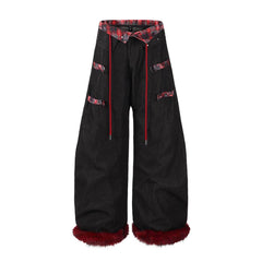 American Retro Plaid Patchwork Furry-Hemmed Baggy Jeans