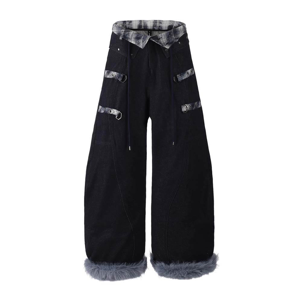 American Retro Plaid Patchwork Furry-Hemmed Baggy Jeans
