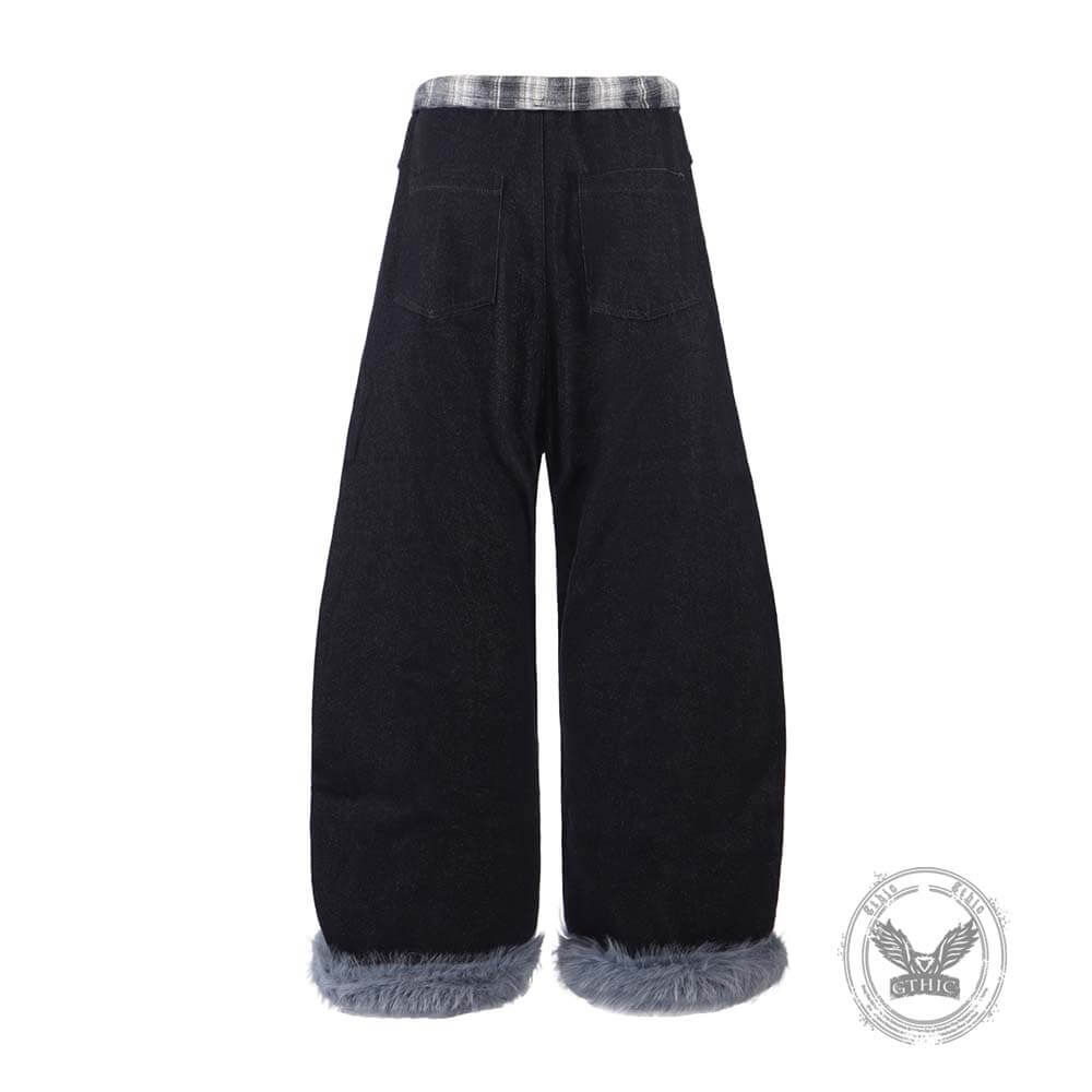 American Retro Plaid Patchwork Furry-Hemmed Baggy Jeans