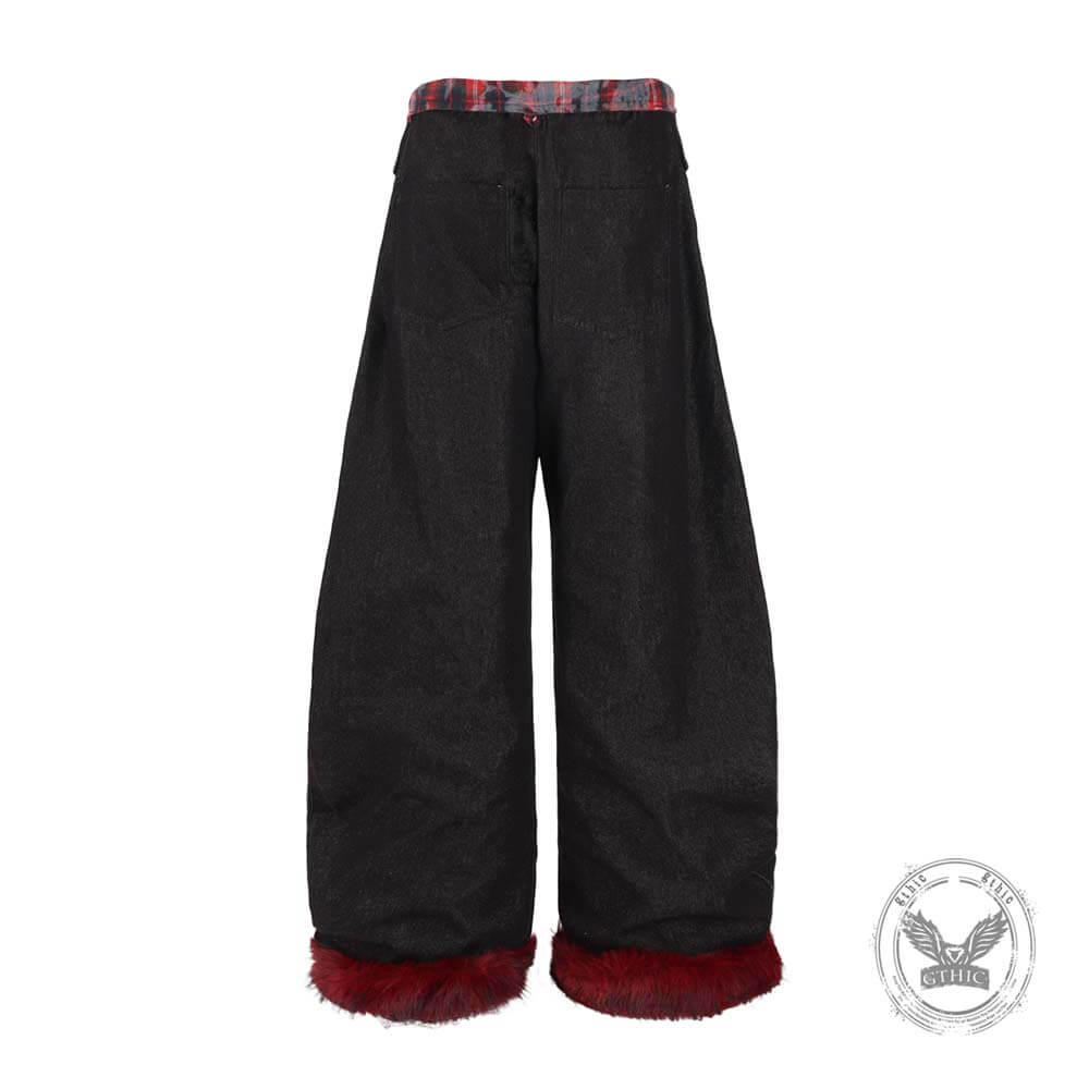 American Retro Plaid Patchwork Furry-Hemmed Baggy Jeans