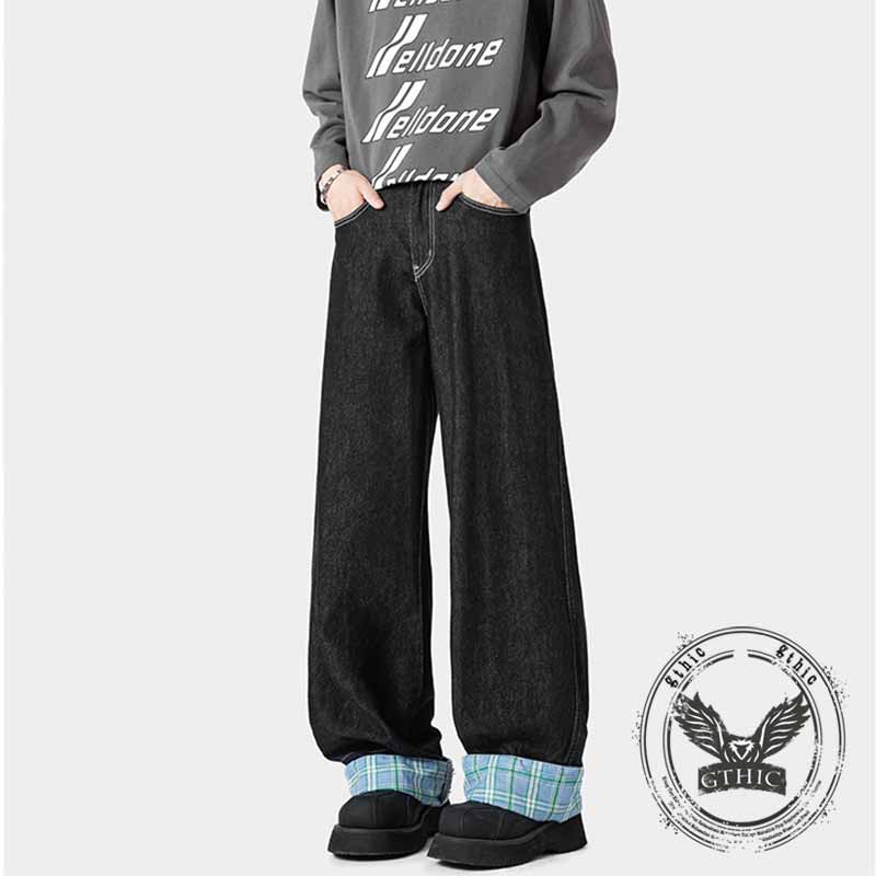American Retro Plaid Patchwork Washed Baggy Jeans