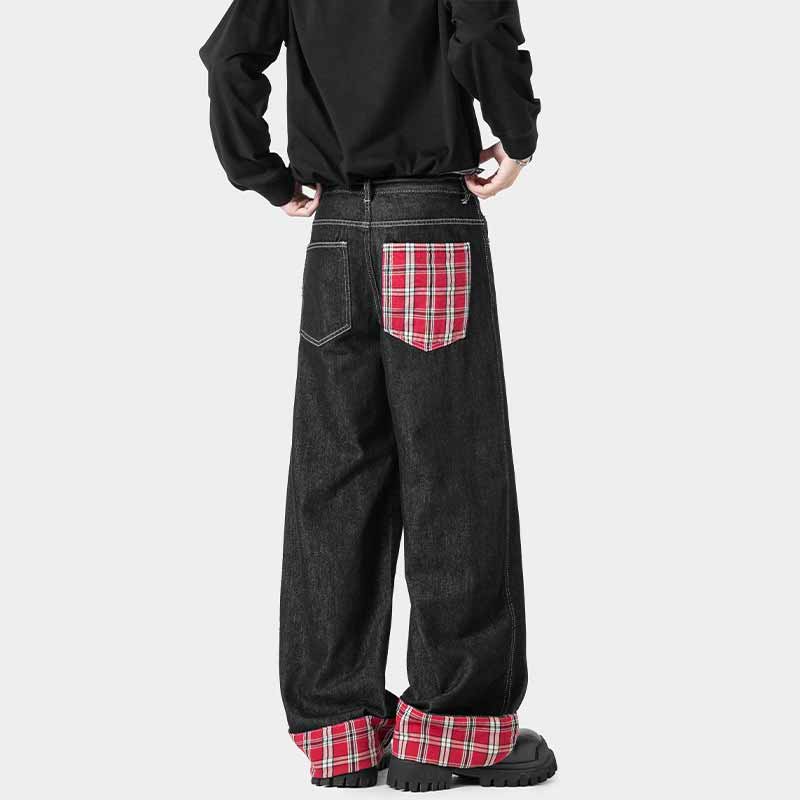 American Retro Plaid Patchwork Washed Baggy Jeans