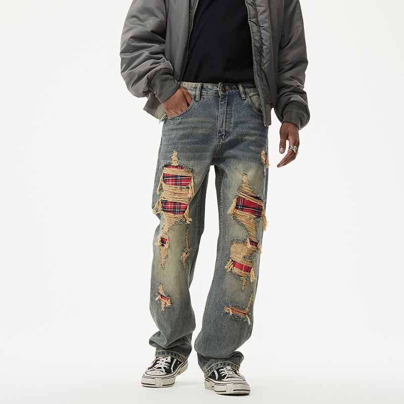 American Retro Ripped Patch Loose Straight Jeans