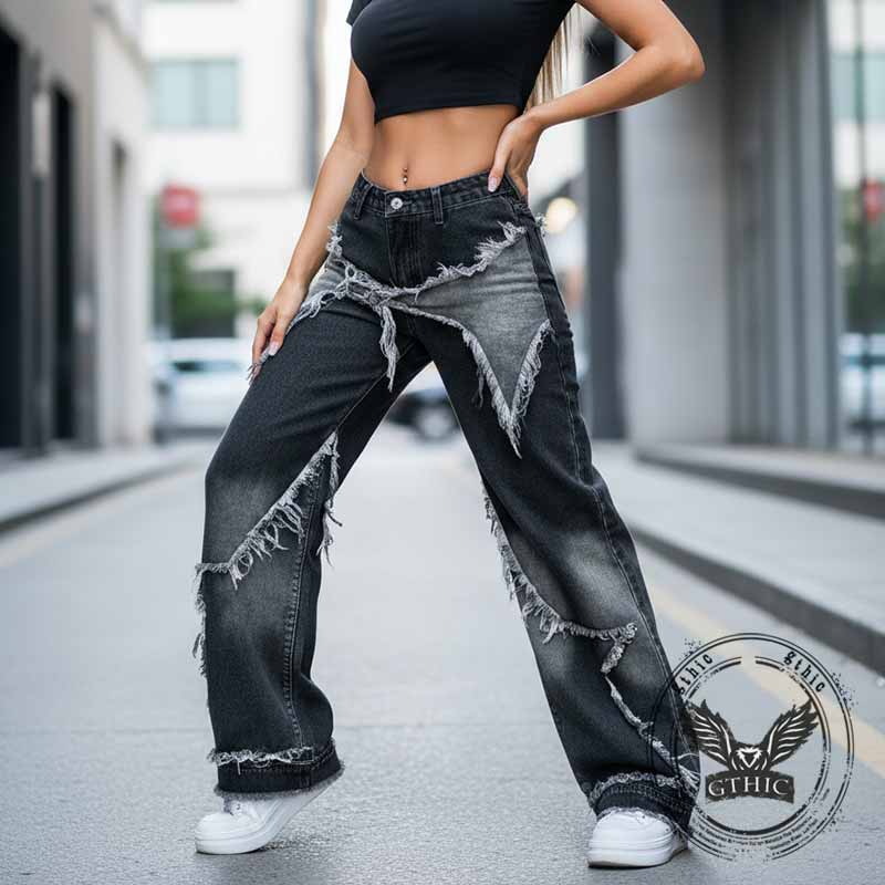 American Retro Ripped Patchwork Washed Jeans
