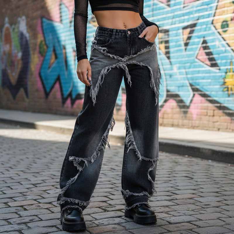 American Retro Ripped Patchwork Washed Jeans