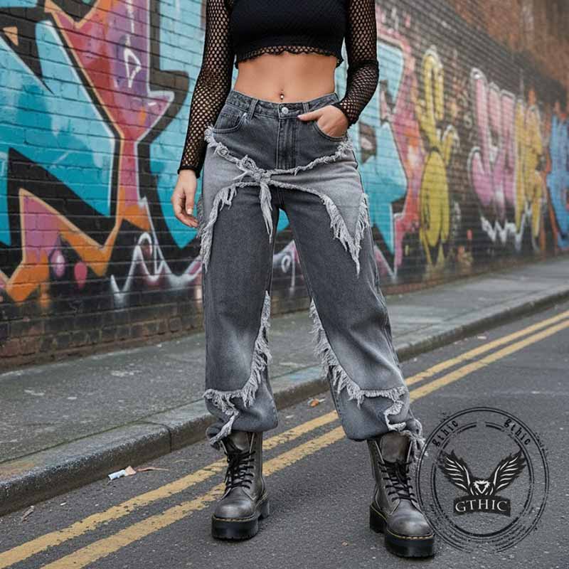 American Retro Ripped Patchwork Washed Jeans