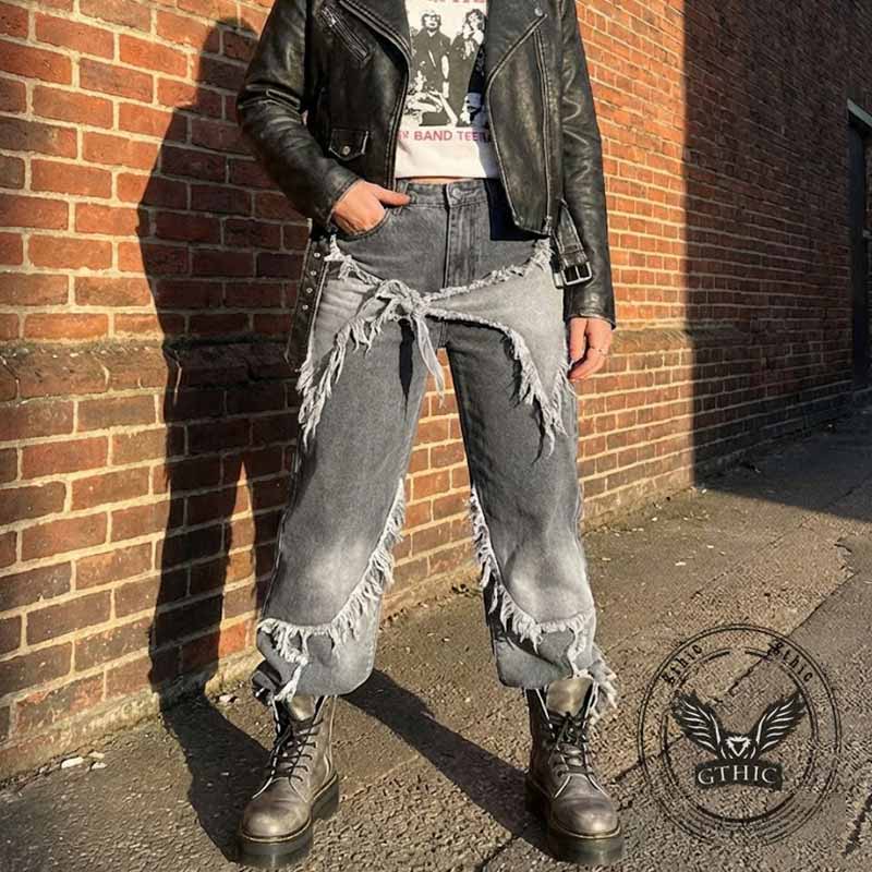 American Retro Ripped Patchwork Washed Jeans