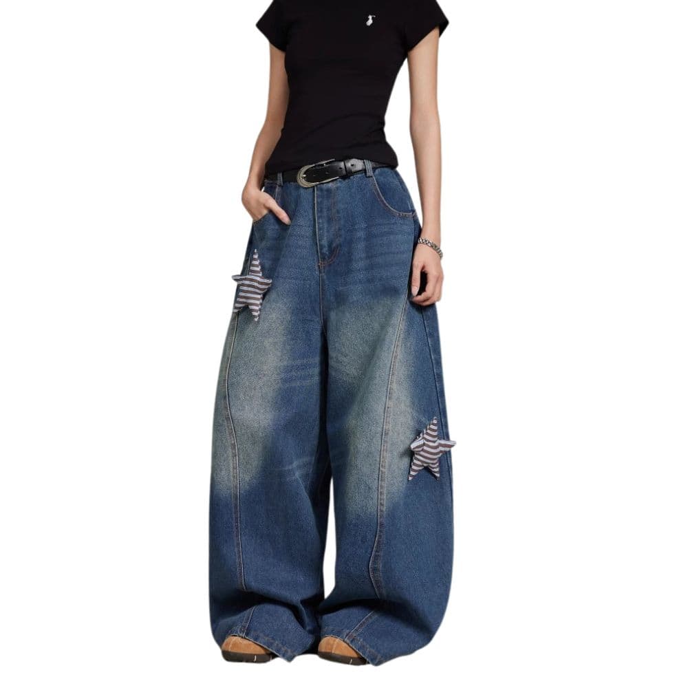 American Retro Star-Decorated Washed Distressed Scimitar Jeans