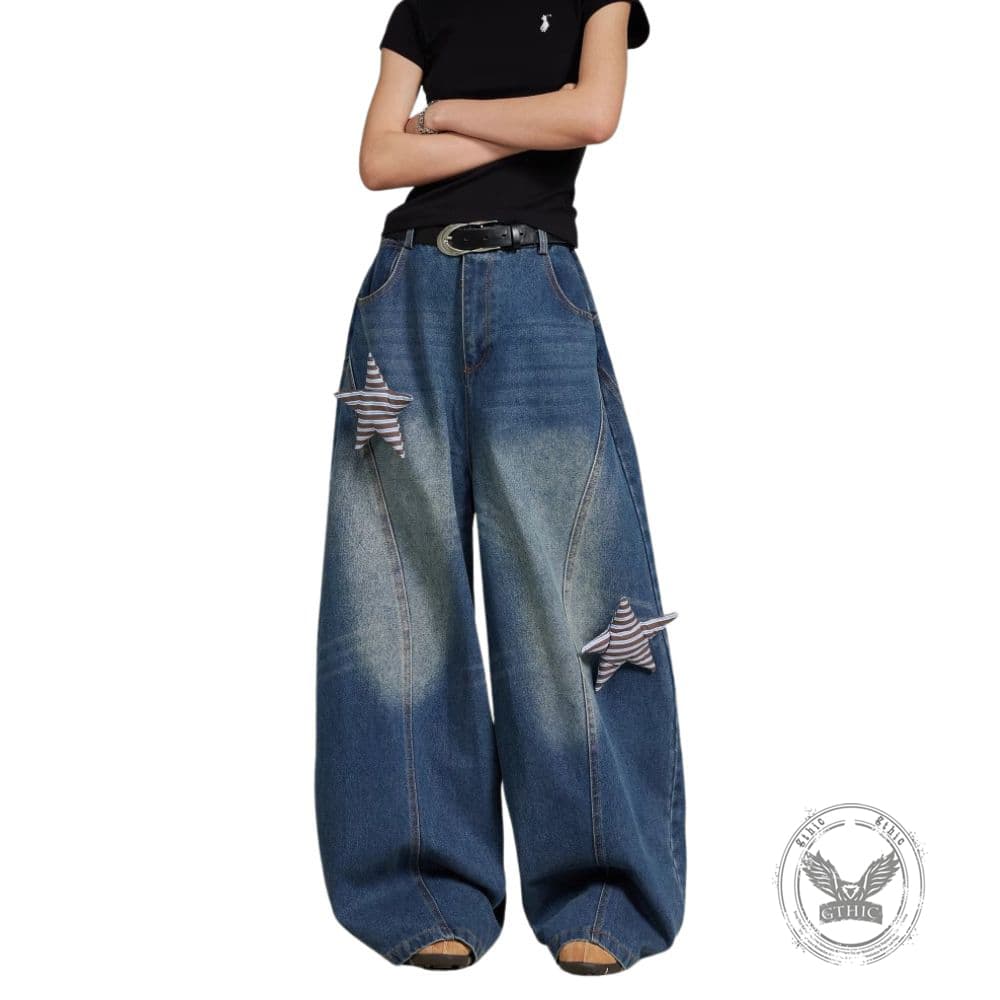 American Retro Star-Decorated Washed Distressed Scimitar Jeans