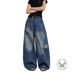 American Retro Star-Decorated Washed Distressed Scimitar Jeans