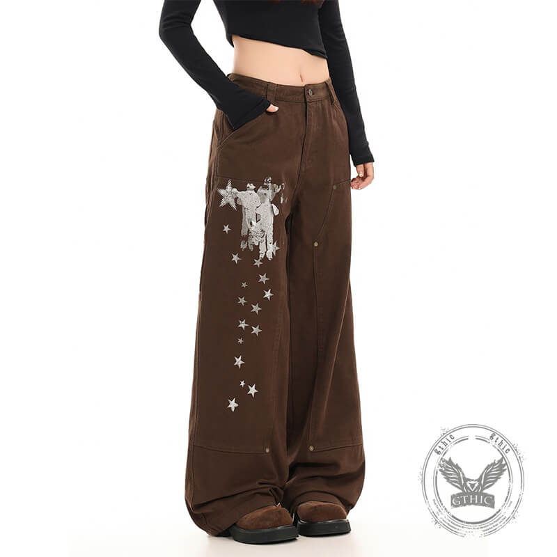 American Retro Star Print Versatile Cargo Baggy Jeans