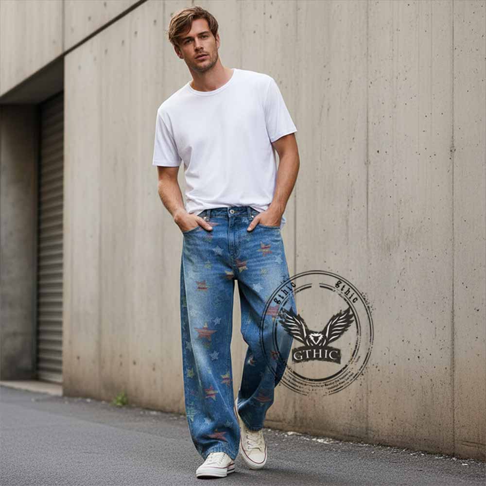 American Retro Star Print Washed Scimitar Jeans