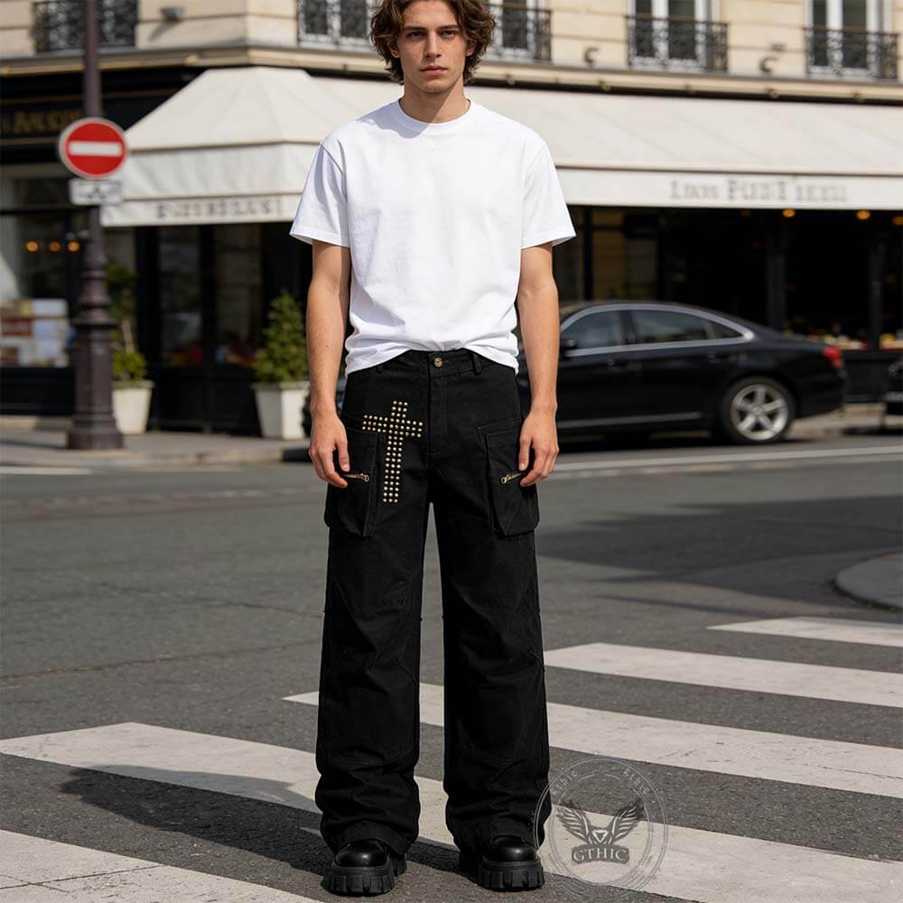 American Retro Studded Loose Straight-Leg Cargo Pants