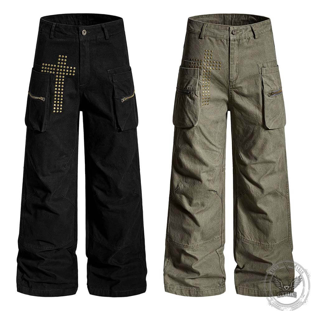 American Retro Studded Loose Straight-Leg Cargo Pants