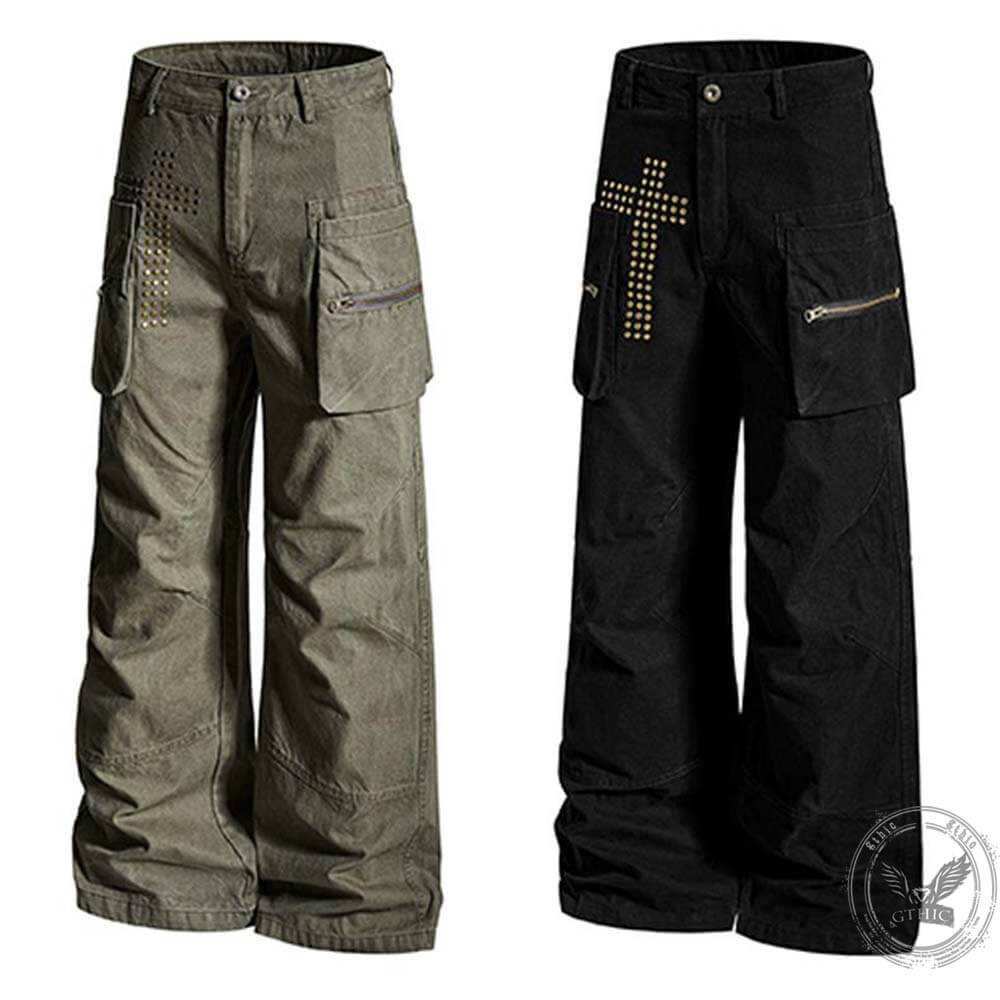 American Retro Studded Loose Straight-Leg Cargo Pants