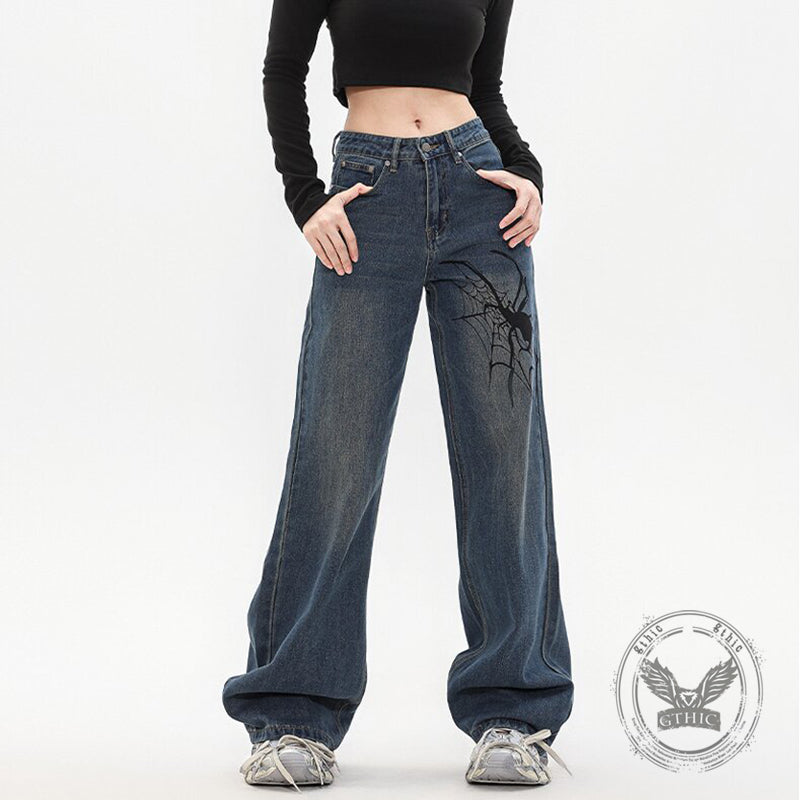 American Street Hip-Hop Spider Print Wide-Leg Jeans