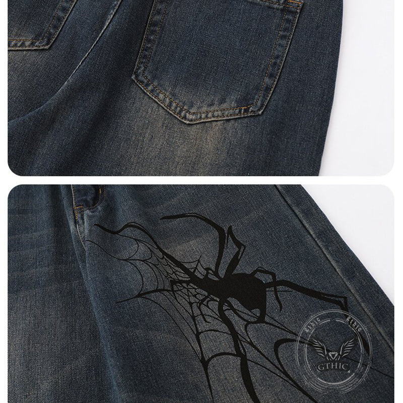 American Street Hip-Hop Spider Print Wide-Leg Jeans