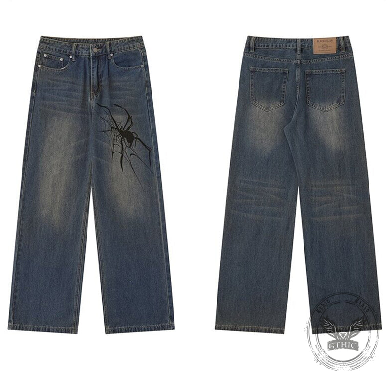 American Street Hip-Hop Spider Print Wide-Leg Jeans