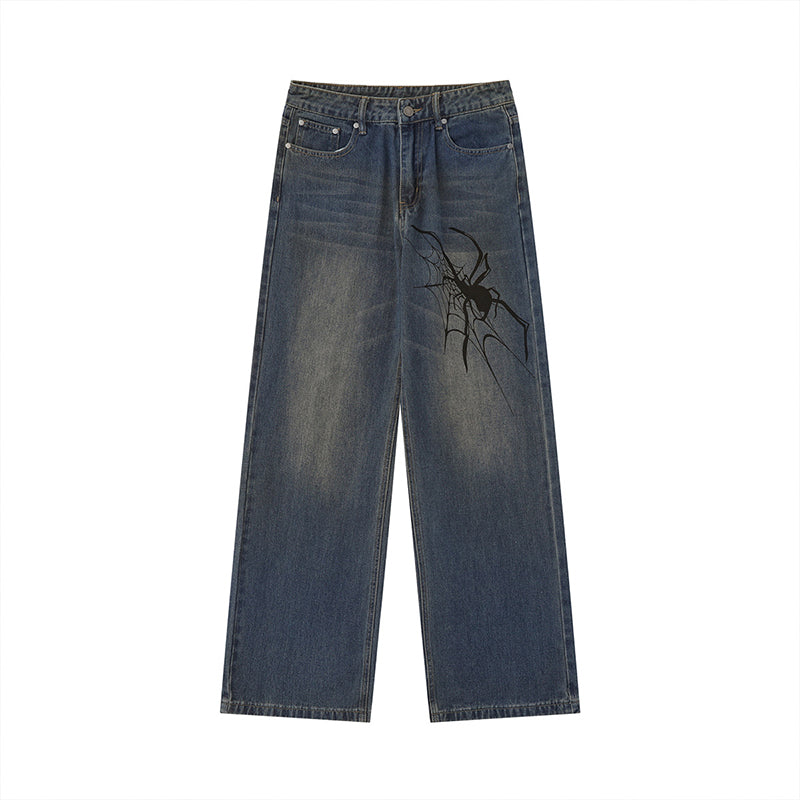 American Street Hip-Hop Spider Print Wide-Leg Jeans