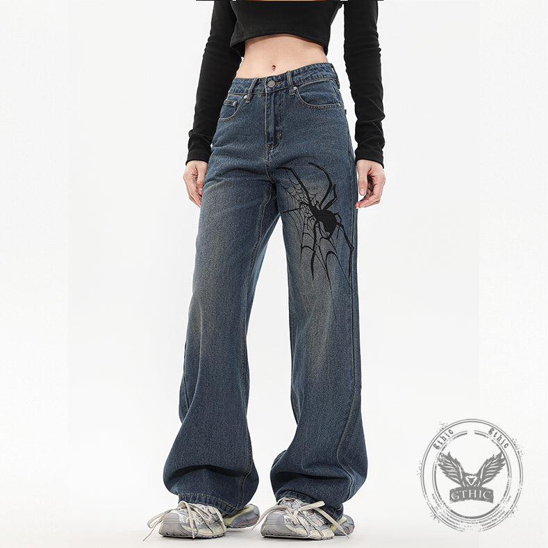 American Street Hip-Hop Spider Print Wide-Leg Jeans